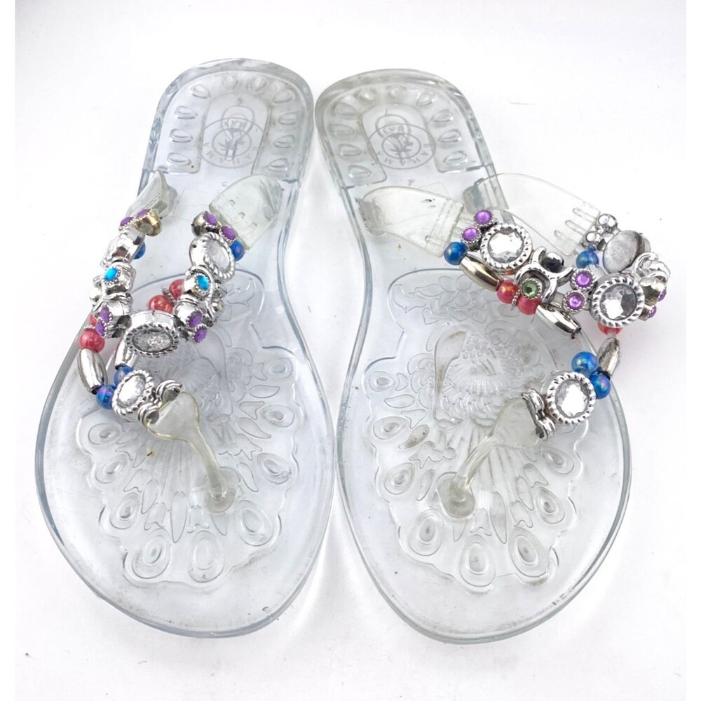 BAHAMA BAY Jelly Beaded Flip Flop Sandals Women's Size 7 Slip On Bling Y2K Clear